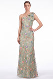 One Shoulder Black Floral Embroidered Mermaid Maxi Dress with Bow
