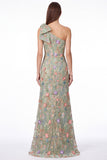 One Shoulder Black Floral Embroidered Mermaid Maxi Dress with Bow