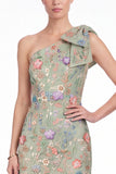 One Shoulder Black Floral Embroidered Mermaid Maxi Dress with Bow