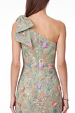 One Shoulder Black Floral Embroidered Mermaid Maxi Dress with Bow
