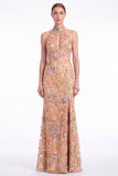 Dark Green Halter Mermaid Floral Embroidered Maxi Dress with Slit