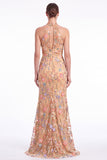Dark Green Halter Mermaid Floral Embroidered Maxi Dress with Slit