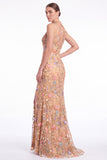 Dark Green Halter Mermaid Floral Embroidered Maxi Dress with Slit