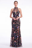 Dark Green Halter Mermaid Floral Embroidered Maxi Dress with Slit