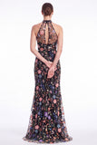 Dark Green Halter Mermaid Floral Embroidered Maxi Dress with Slit