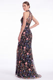 Dark Green Halter Mermaid Floral Embroidered Maxi Dress with Slit