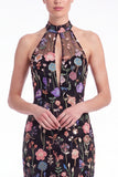 Dark Green Halter Mermaid Floral Embroidered Maxi Dress with Slit