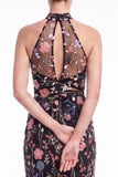 Dark Green Halter Mermaid Floral Embroidered Maxi Dress with Slit