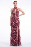 Dark Green Halter Mermaid Floral Embroidered Maxi Dress with Slit