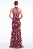 Dark Green Halter Mermaid Floral Embroidered Maxi Dress with Slit