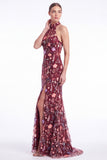 Dark Green Halter Mermaid Floral Embroidered Maxi Dress with Slit
