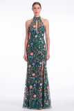 Dark Green Halter Mermaid Floral Embroidered Maxi Dress with Slit