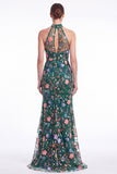 Dark Green Halter Mermaid Floral Embroidered Maxi Dress with Slit