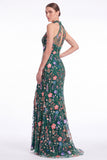 Dark Green Halter Mermaid Floral Embroidered Maxi Dress with Slit
