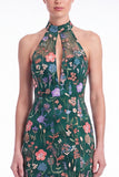 Dark Green Halter Mermaid Floral Embroidered Maxi Dress with Slit