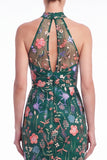 Dark Green Halter Mermaid Floral Embroidered Maxi Dress with Slit