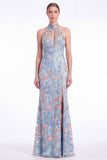 Dark Green Halter Mermaid Floral Embroidered Maxi Dress with Slit