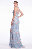 Dark Green Halter Mermaid Floral Embroidered Maxi Dress with Slit