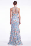 Dark Green Halter Mermaid Floral Embroidered Maxi Dress with Slit