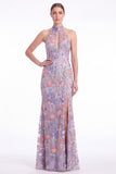 Dark Green Halter Mermaid Floral Embroidered Maxi Dress with Slit