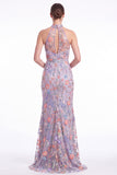 Dark Green Halter Mermaid Floral Embroidered Maxi Dress with Slit