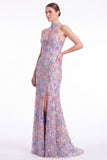 Dark Green Halter Mermaid Floral Embroidered Maxi Dress with Slit