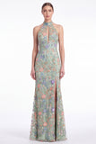 Dark Green Halter Mermaid Floral Embroidered Maxi Dress with Slit