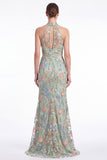 Dark Green Halter Mermaid Floral Embroidered Maxi Dress with Slit