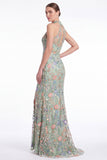 Dark Green Halter Mermaid Floral Embroidered Maxi Dress with Slit