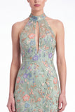 Dark Green Halter Mermaid Floral Embroidered Maxi Dress with Slit