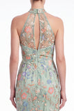 Dark Green Halter Mermaid Floral Embroidered Maxi Dress with Slit