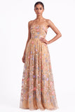 Strapless Apricot Floral Embroidered A Line Wedding Guest Dress