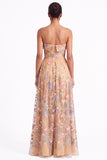 Strapless Apricot Floral Embroidered A Line Wedding Guest Dress