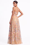 Strapless Apricot Floral Embroidered A Line Wedding Guest Dress