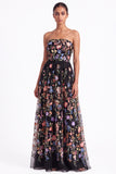 Strapless Apricot Floral Embroidered A Line Wedding Guest Dress