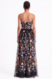 Strapless Apricot Floral Embroidered A Line Wedding Guest Dress