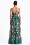 Strapless Apricot Floral Embroidered A Line Wedding Guest Dress