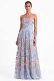 Strapless Apricot Floral Embroidered A Line Wedding Guest Dress