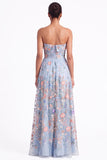 Strapless Apricot Floral Embroidered A Line Wedding Guest Dress