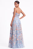 Strapless Apricot Floral Embroidered A Line Wedding Guest Dress