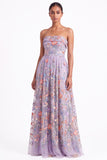 Strapless Apricot Floral Embroidered A Line Wedding Guest Dress