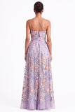 Strapless Apricot Floral Embroidered A Line Wedding Guest Dress