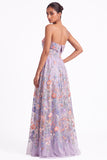 Strapless Apricot Floral Embroidered A Line Wedding Guest Dress