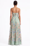 Strapless Apricot Floral Embroidered A Line Wedding Guest Dress