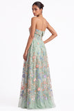 Strapless Apricot Floral Embroidered A Line Wedding Guest Dress