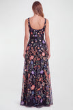 Black Square Neck Floral Embroidered A Line Wedding Guest Dress with Slit