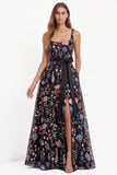 Black Square Neck Floral Embroidered A Line Wedding Guest Dress with Slit