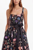 Black Square Neck Floral Embroidered A Line Wedding Guest Dress with Slit