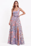 Black Square Neck Floral Embroidered A Line Wedding Guest Dress with Slit