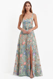 Black Square Neck Floral Embroidered A Line Wedding Guest Dress with Slit